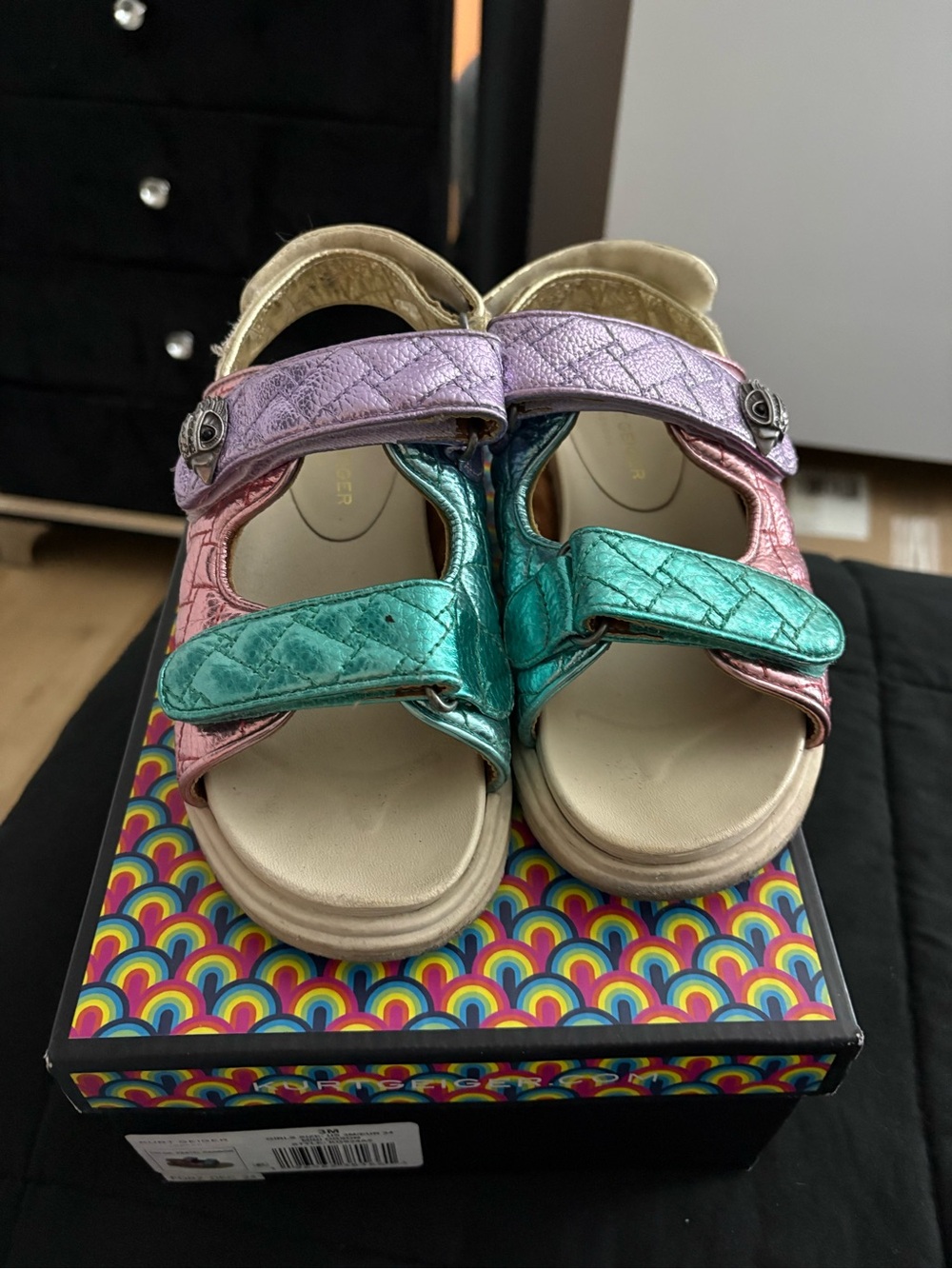 Kurt Geiger Metallic Pink Purple and Teal Girls Sandals